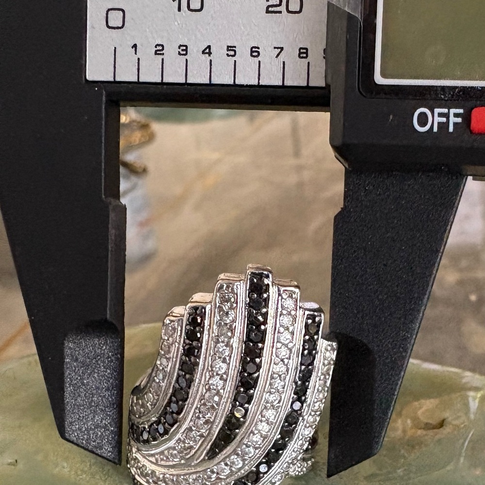 LARGE GENUINE Diamond Art Deco Ring White Black Diamonds Sz 7 925 Sterling S - Picture 13 of 16